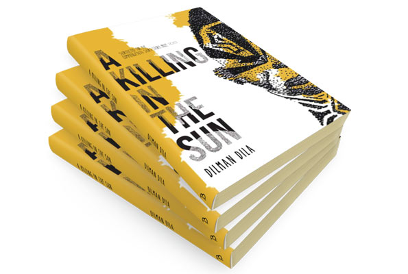 A stack of books against a plain white background, the books are yellow and white, African design, half an African mask on one side, the title is A Killing in The Sun. Dilman Dila