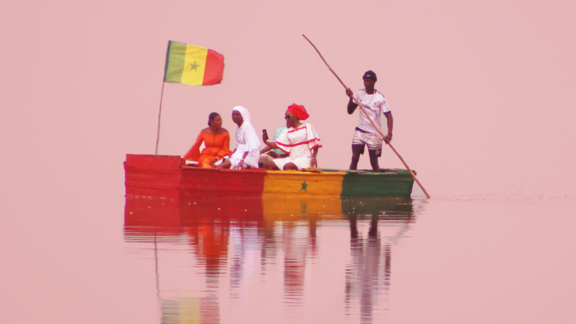 Four People, Boat, Canoe, Senegal Flag, Three Women, One Man, Boat Rower, Pink Lake,
