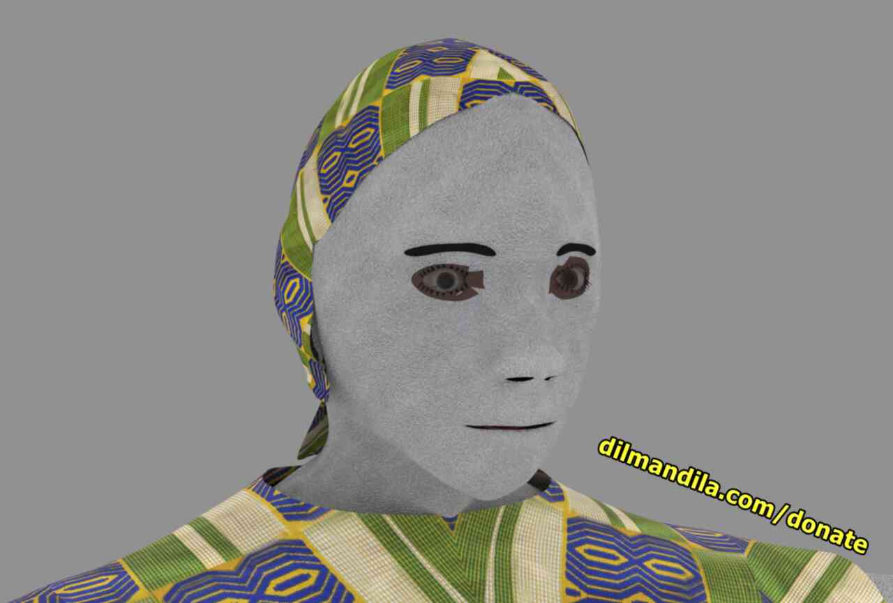 A digital drawing of a man, close up on face, wearing green kitenge cloth, made using Blender 3D software