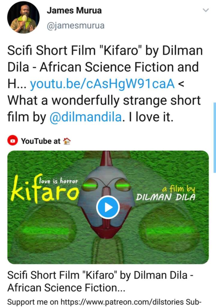 Screenshot of a tweet praising an African science fiction short film, Kifaro