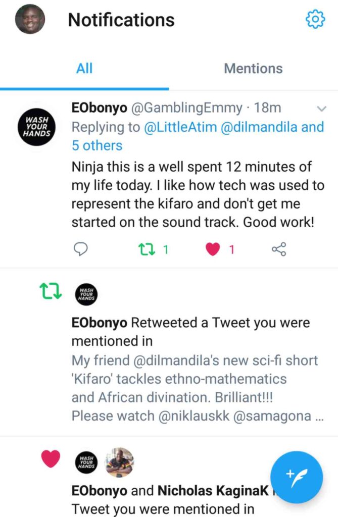Screenshot of a tweet praising an African science fiction short film, Kifaro
