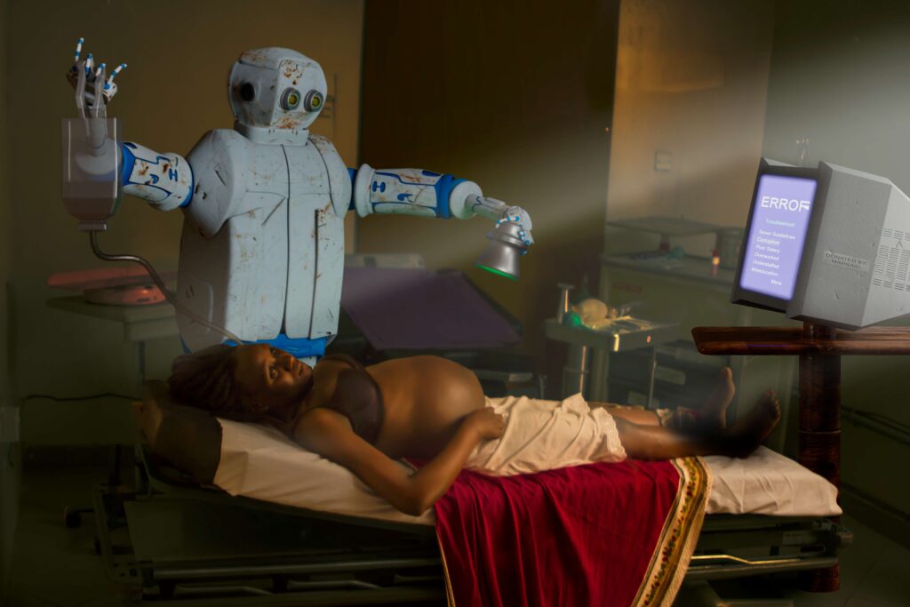 Digital artwork, a robot doctor stands above a pregnant woman. It holds a drip in one hand, and a screen displaying errors in the other