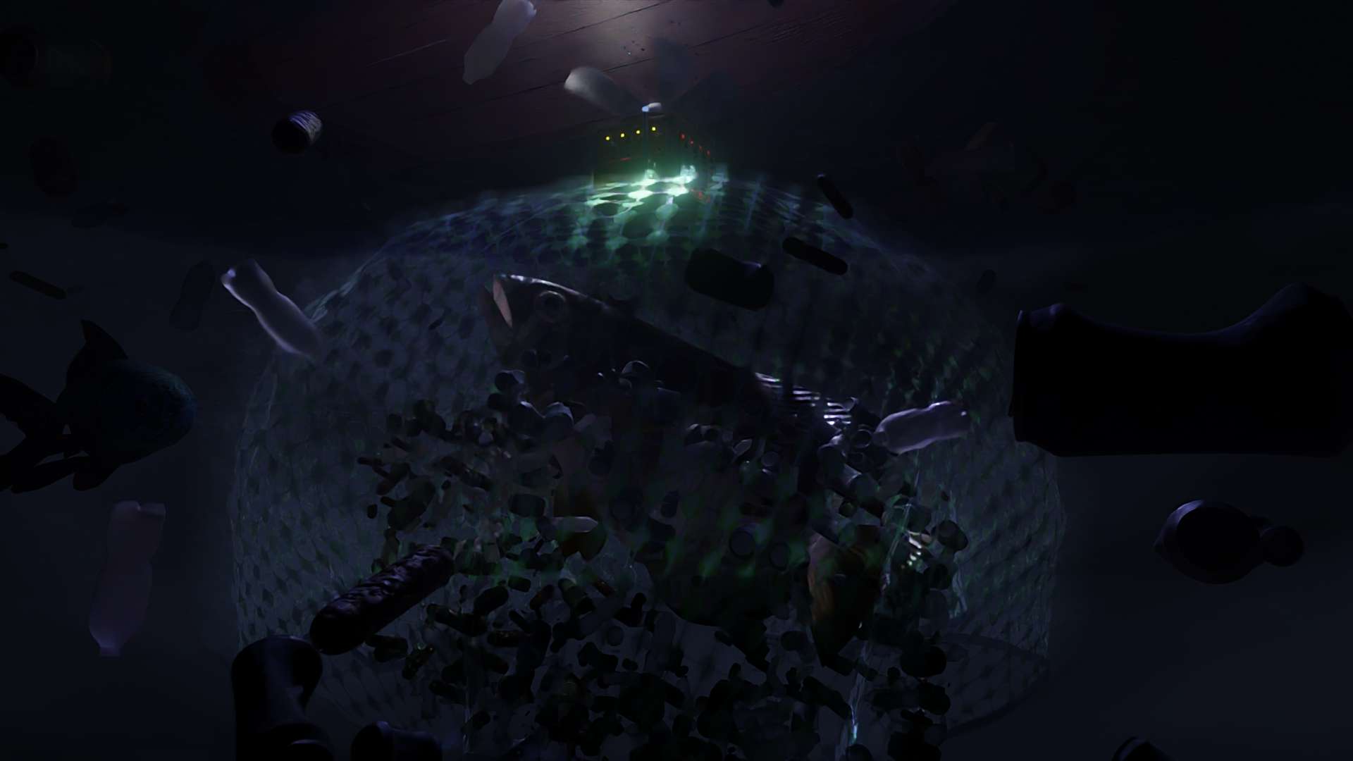 Digital Art of an underwater scene, depicting a futuristic fishing net, a fish in it, and a lot of plastic trash floating about.