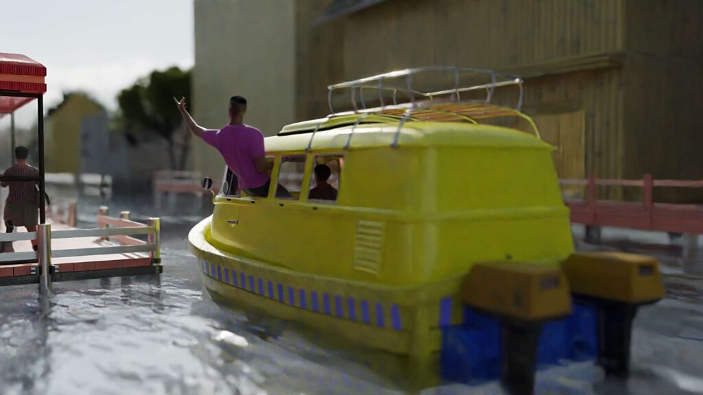 Digital art of a yellow vehicle, futuristic, morph of a van and a canoe, with a tout leaning out of a window, calling to passengers off camera.