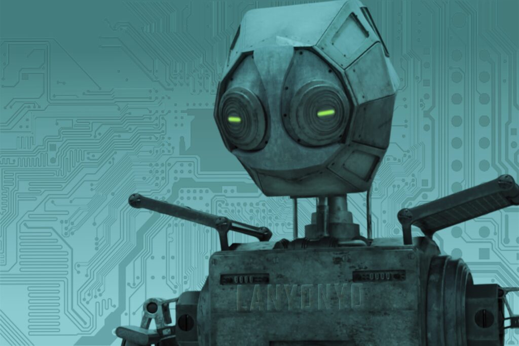 A 3D model of a robot, with a face inspired by African spirit masks, old and rusty metal, yellow and red, solar panels on the shoulder