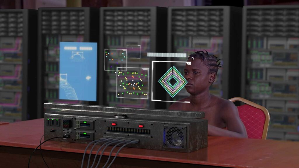A young African woman sits behind a futuristic computer with a transparent screen.