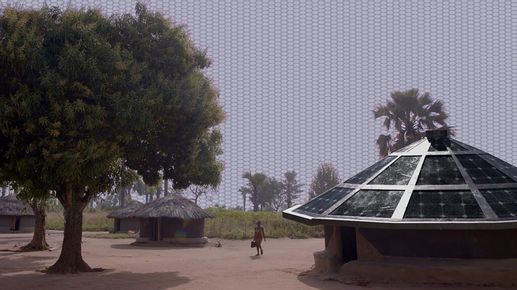 A screenshot of a film, with three huts that have solar panels,