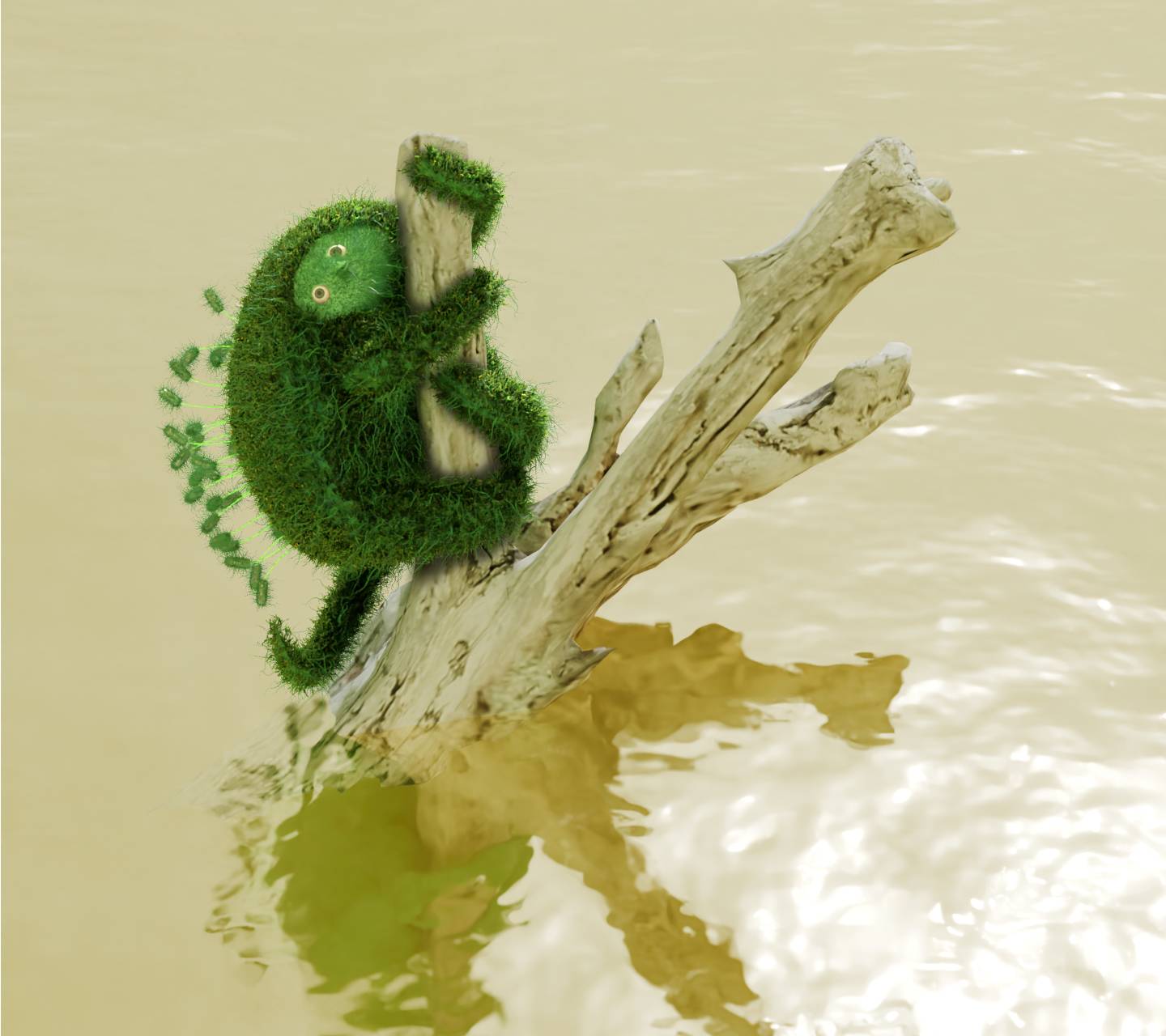 A moss-covered creature with spikey things on its back clings to a dead tree that's floating in flood waters.